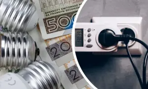 Żarówki i polskie banknoty leżą obok licznika energii, symbolizując wysokie zużycie prądu i koszty z nim związane.