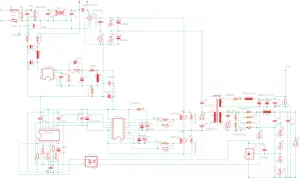 Schemat zasilacza impulsowego z układami SG3525 i IR2110, gdzie sprzężenie zwrotne zapewnia optoizolator PC817C.