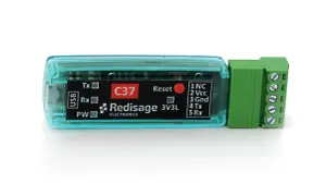 Moduł C37 Redisage z interfejsem USB i złączem śrubowym. Widoczne oznaczenia Tx, Rx, PW, Reset oraz piny UART.