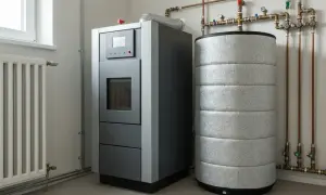 Nowoczesny piec na pellet i izolowany bufor do pieca na pellet, podłączone do instalacji grzewczej.