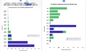 Wykresy pokazują, ile wytrzymuje akumulator w autach elektrycznych. Widać, które modele i roczniki częściej wymagają wymiany baterii.