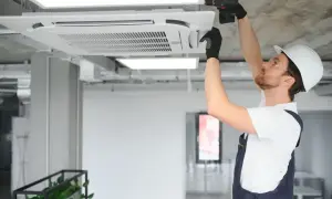 Instalator w kasku montuje klimatyzator kasetonowy na suficie.