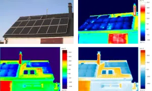 Analiza termowizyjna dachu z panelami słonecznymi. Telemetria pokazuje różnice temperatur, od zimnych paneli po ciepły komin.