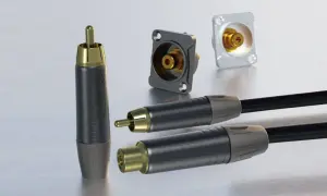 Złącza RCA z pozłacanymi pinami i gniazdami, gotowe do podłączenia sprzętu audio-wideo.