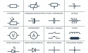 Schemat zawiera symbole elementów elektronicznych, w tym kondensator elektrolityczny i ceramiczny.