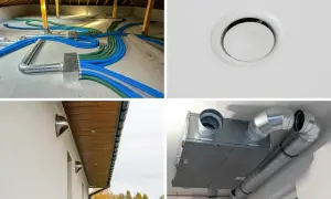 System wentylacji mechanicznej z rekuperatorem. Widać rozłożone kanały, czerpnię powietrza na ścianie i kratkę nawiewną.