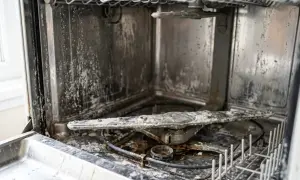 Wnętrze zmywarki wymaga gruntownego czyszczenia. Widać osady i zabrudzenia na ściankach i ramionach.
