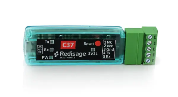 Moduł C37 Redisage z interfejsem USB i złączem śrubowym. Widoczne oznaczenia Tx, Rx, PW, Reset oraz piny UART.