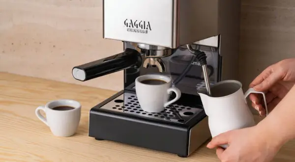 Gaggia Classic w rankingu ekspresów do kawy do 2000 zł. Parzy kawę do filiżanki, obok dzbanek na mleko.
