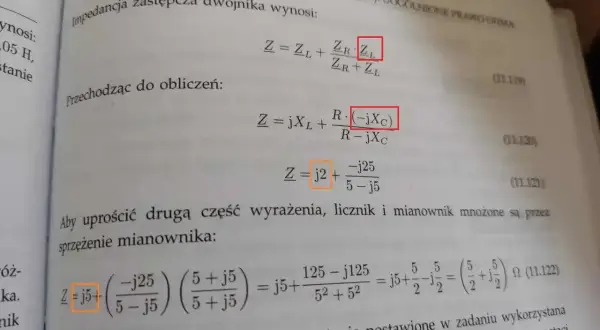 Obliczenia impedancji zespolonej dwójnika, pokazujące przekształcenia wzorów i uproszczenia.
