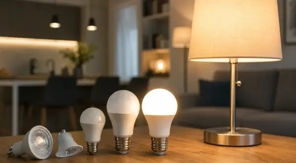 Różne żarówki LED, w tym model polux, na drewnianym stole. W tle salon z lampą stołową.