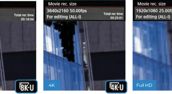 Porównanie nagrań: 8K, 4K i Full HD. Najwyższa rozdzielczość 1080p oferuje najdłuższy czas nagrania.