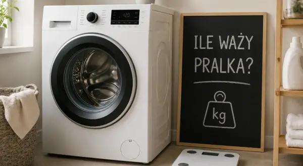 Biała pralka obok tablicy z napisem "Ile waży pralka?" i wagą łazienkową.