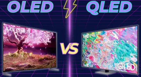 Porównanie telewizorów: po lewej LG OLED z kwitnącym drzewem, po prawej Samsung QLED z kolorowym obrazem. Który wybrać: OLED czy QLED?