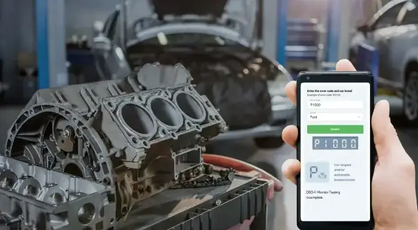 Mechanik sprawdza kod błędu DTC P1000 Ford na telefonie, obok rozebranego silnika w warsztacie.