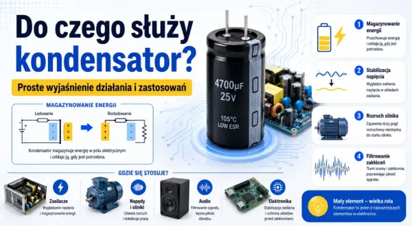 Rodzaje kondensatorów: magazynowanie energii, stabilizacja napięcia, rozruch silnika, filtrowanie zakłóceń. Zastosowania w zasilaczach, napędach, audio i elektronice.