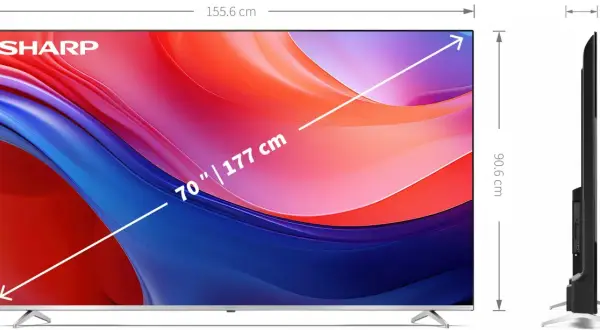 Telewizor 70 cali wymiary: 155,6 cm szerokości, 95,2 cm wysokości, 8,2 cm grubości. Idealny do dużych salonów.