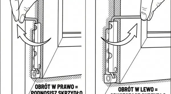 Instrukcja jak przestawić okna na tryb zimowy: obrót kluczem w prawo podnosi skrzydło, w lewo opuszcza.