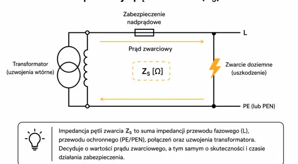 Schemat przedstawia impedancję pętli zwarcia (Zs) w obwodzie elektrycznym, kluczową dla działania zabezpieczeń.