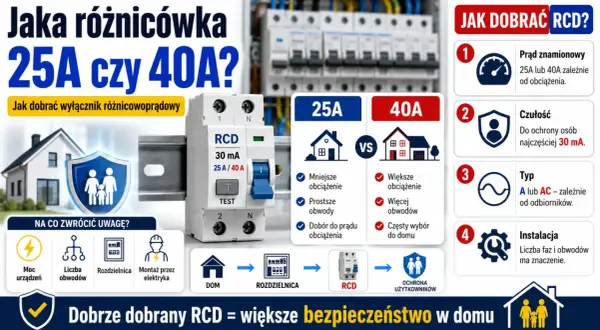 Porównanie wyłączników RCD 25A i 40A. Wybór zależy od obciążenia, liczby obwodów i instalacji. Dobry RCD to bezpieczeństwo w domu.