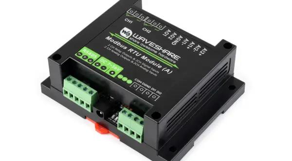 Moduł Waveshare z interfejsem RS485, obsługujący protokół Modbus RTU. Posiada 2 wyjścia przekaźnikowe, 2 wejścia cyfrowe, 2 wyjścia analogowe i 2 wejścia analogowe.