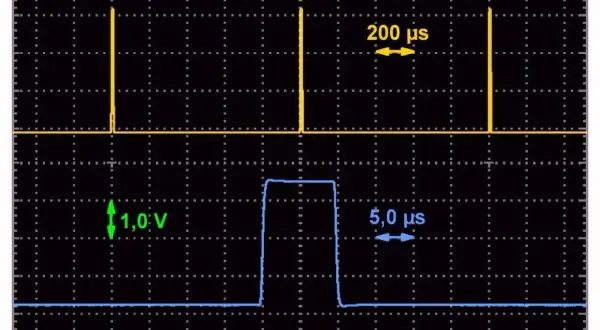 Dwa przebiegi: górny z wąskimi impulsami co 200 µs, dolny z jednym impulsem 5 µs o amplitudzie 1 V. Kwadratowe fale na ekranie oscyloskopu.