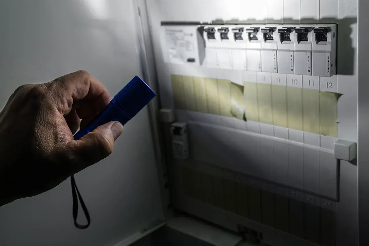Ręka trzyma latarkę, oświetlając skrzynkę z bezpiecznikami. Brak prądu? Gdzie dzwonić, gdy wyłącznik główny jest włączony, a w domu ciemno?