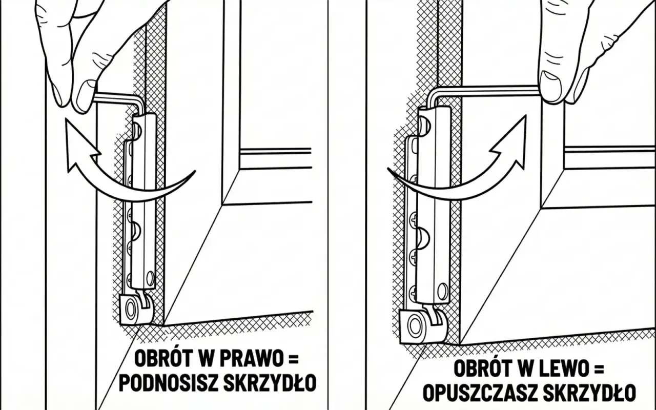Instrukcja jak przestawić okna na tryb zimowy: obrót kluczem w prawo podnosi skrzydło, w lewo opuszcza.