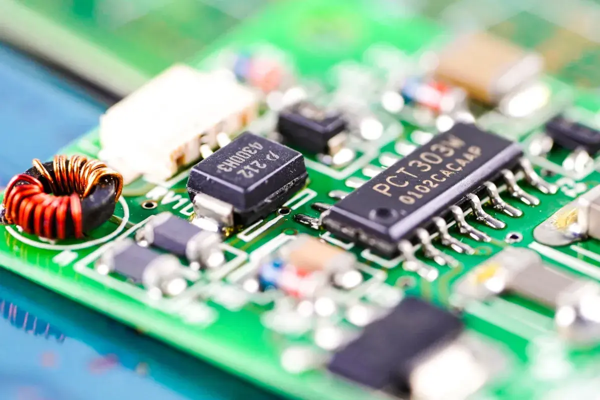 Zbliżenie na zieloną płytkę drukowaną z widocznym układem scalonym PCT303M, cewką i innymi komponentami elektronicznymi.