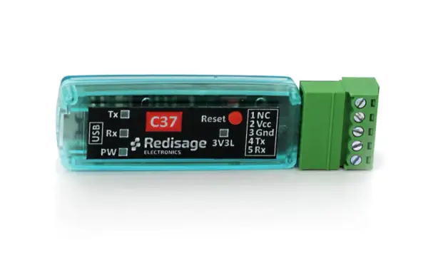 Moduł C37 Redisage z interfejsem USB i złączem śrubowym. Widoczne oznaczenia Tx, Rx, PW, Reset oraz piny UART.
