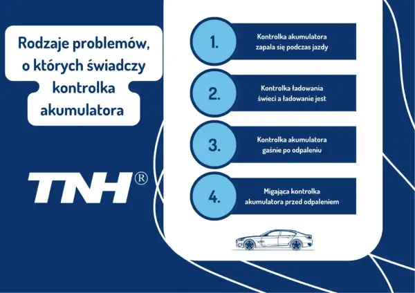Rodzaje problemów, o których świadczy kontrolka akumulatora: zapala się podczas jazdy, gaśnie po odpaleniu, migająca przed odpaleniem.