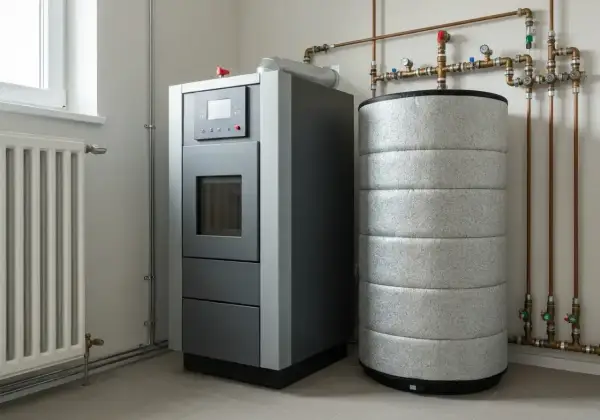 Nowoczesny piec na pellet i izolowany bufor do pieca na pellet, podłączone do instalacji grzewczej.