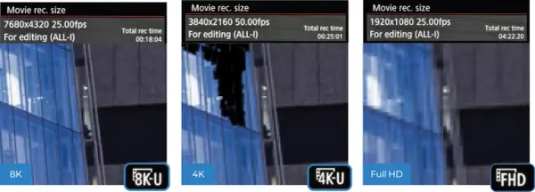 Porównanie nagrań: 8K, 4K i Full HD. Najwyższa rozdzielczość 1080p oferuje najdłuższy czas nagrania.