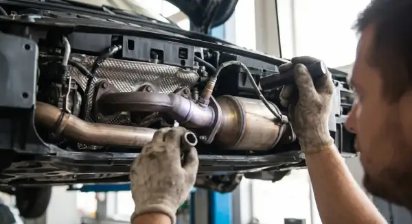 Mechanik sprawdza katalizator BMW, szukając przyczyny błędu DTC P0420.