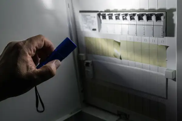 Ręka trzyma latarkę, oświetlając skrzynkę z bezpiecznikami. Brak prądu? Gdzie dzwonić, gdy wyłącznik główny jest włączony, a w domu ciemno?