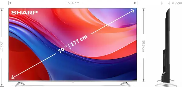 Telewizor 70 cali wymiary: 155,6 cm szerokości, 95,2 cm wysokości, 8,2 cm grubości. Idealny do dużych salonów.