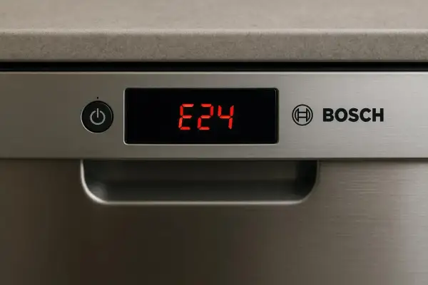 Wyświetlacz zmywarki Bosch pokazuje błąd E24. Czerwone cyfry E24 na czarnym tle, obok przycisku zasilania i logo Bosch.