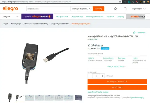 Interfejs HEX-V2 z licencją VCDS Pro (VAG COM USB) do diagnostyki samochodów. Idealny do programów VCDS.