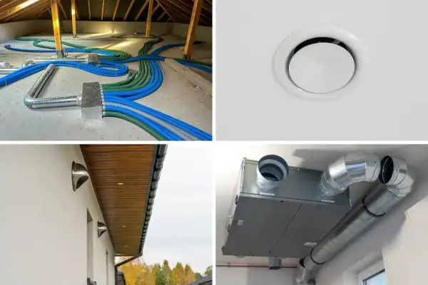 System wentylacji mechanicznej z rekuperatorem. Widać rozłożone kanały, czerpnię powietrza na ścianie i kratkę nawiewną.